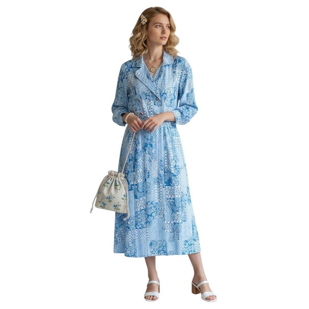 Vtg 70s Blue White Paisley Floral Belted Maxi Shirtwaist Dress Modern Sz S/M